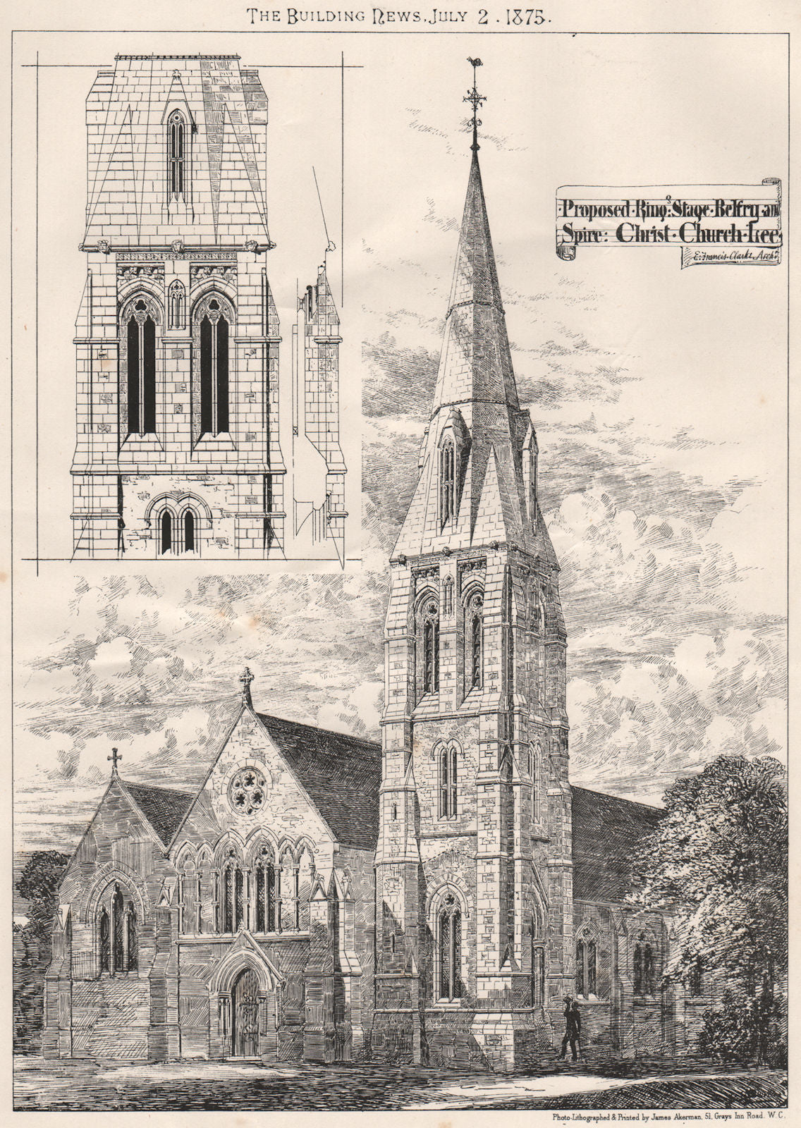 Ring stage, belfry & spire, Christ Church, Lee; E. Francis Clarke Archt 1875